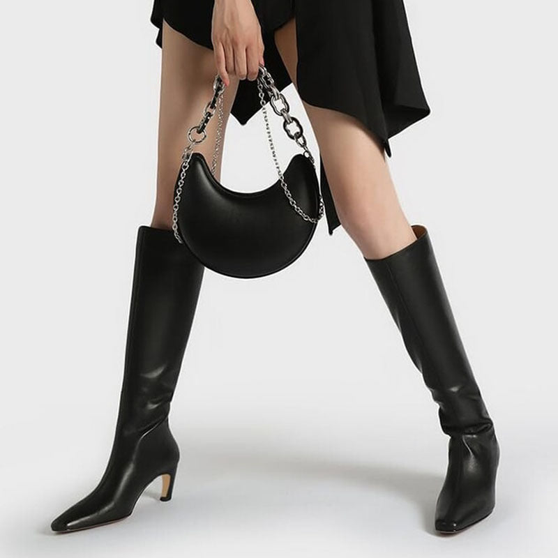 French Minimalist-Estilo Square-toe Kitten-heel Over-the-knee Straight-leg Leather Booties - foto 2