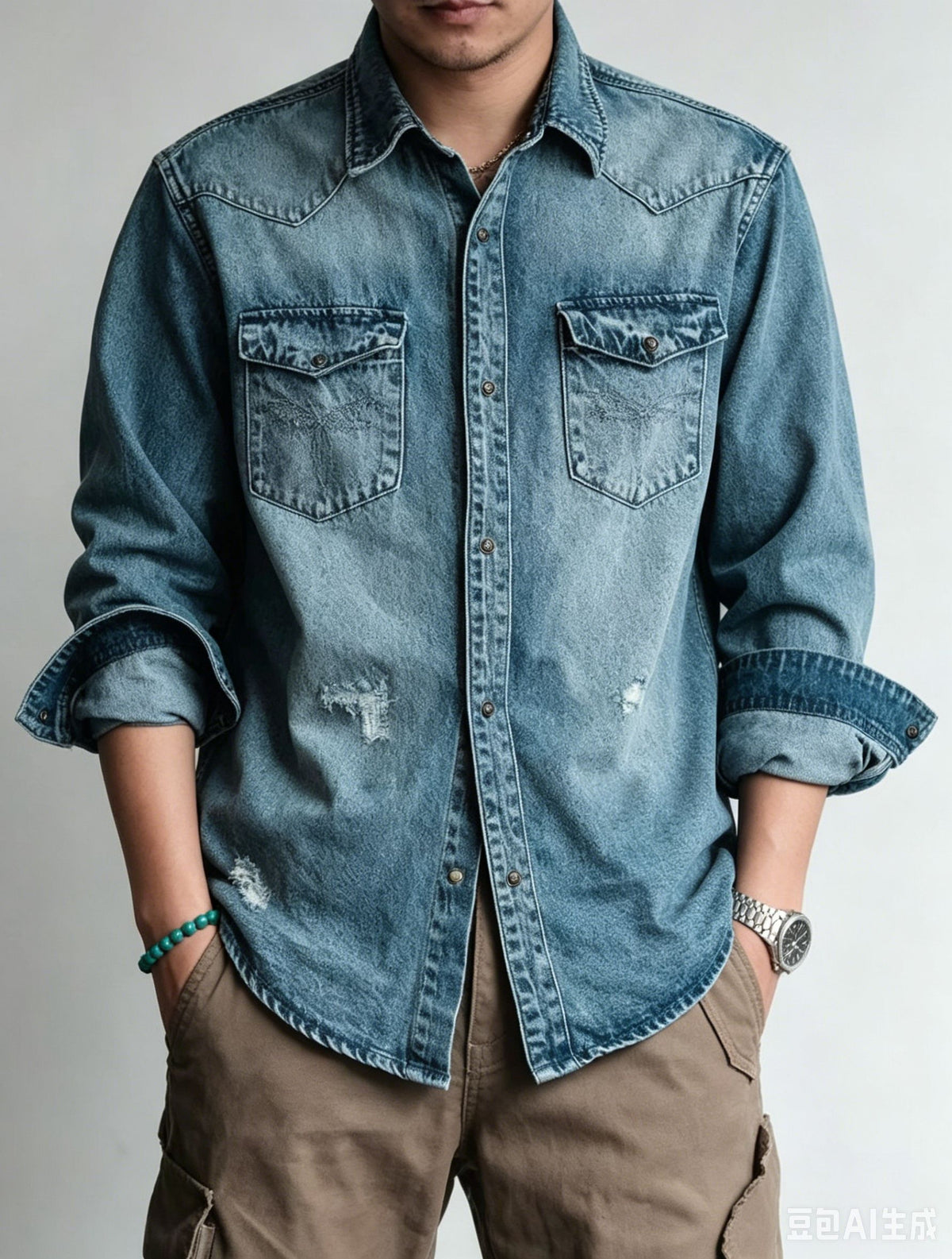 Camisa vaquera de mezclilla manga larga para hombre - foto 5