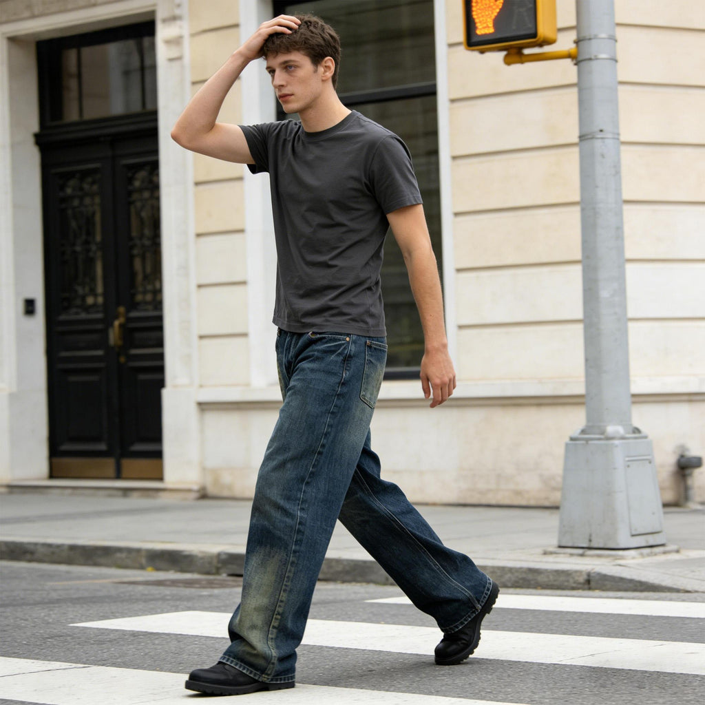 Hombre Retro Lavado Pierna Ancha Ajuste Suelto Denim Jeans - foto 2