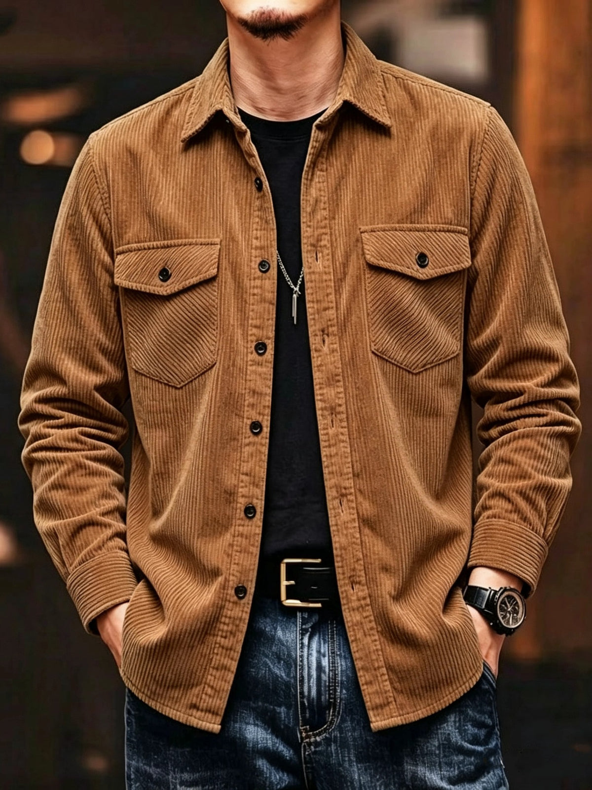Hombre Plus-Size Casual Pana Manga Larga Solapa Camisa In Multiple Colors
