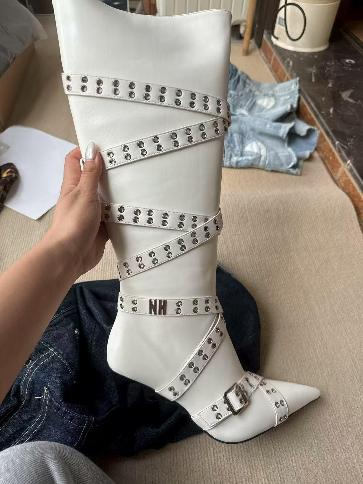 Tirantes-detail Pointed-toe Studded High-heeled Over-the-knee Botas para Mujer - foto 3
