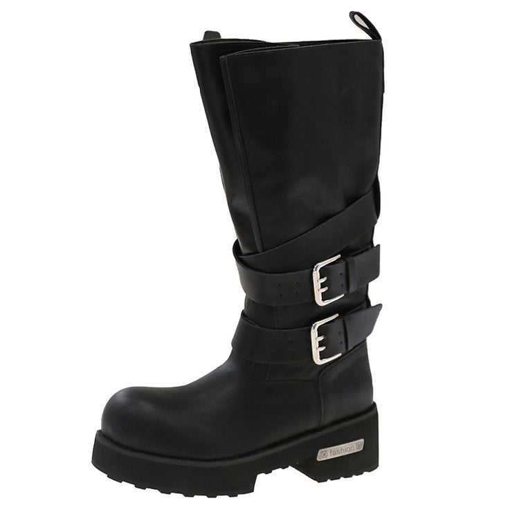 Botas motoqueras altas con taco grueso y hebilla - foto 3