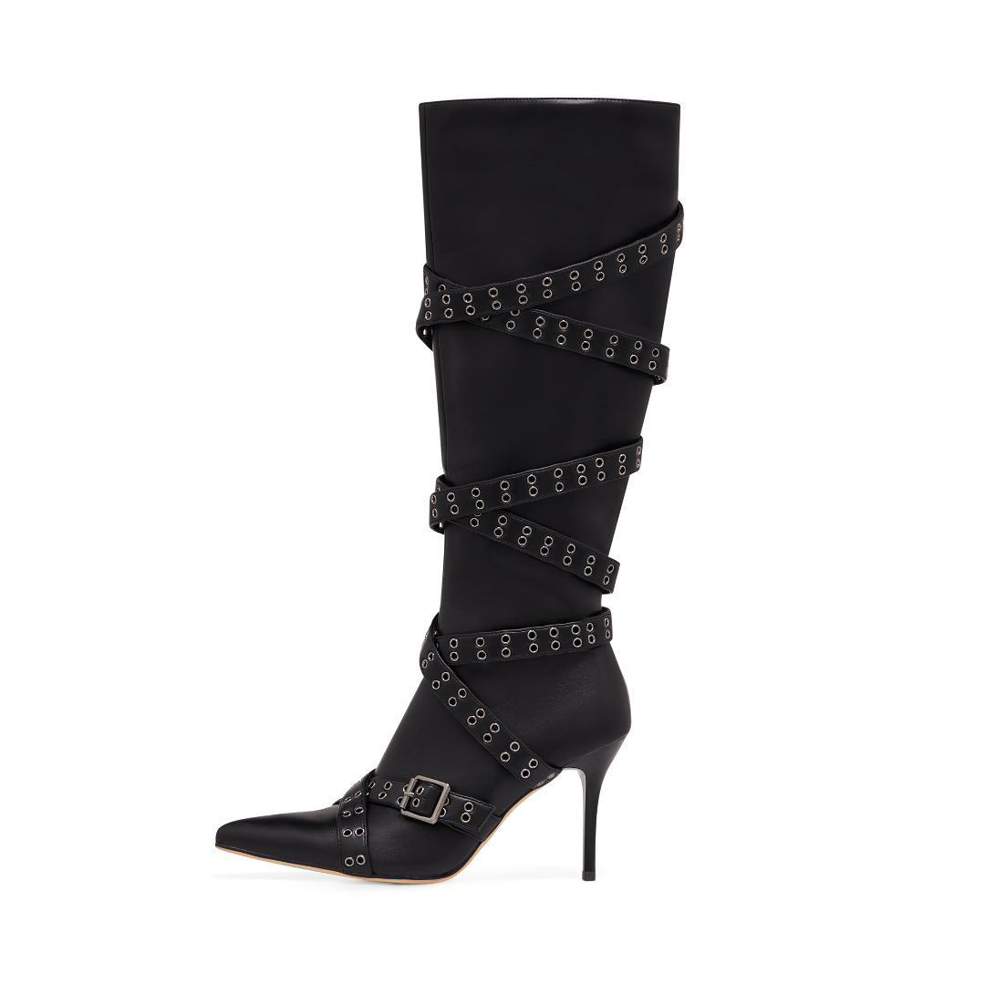Tirantes-detail Pointed-toe Studded High-heeled Over-the-knee Botas para Mujer - foto 8