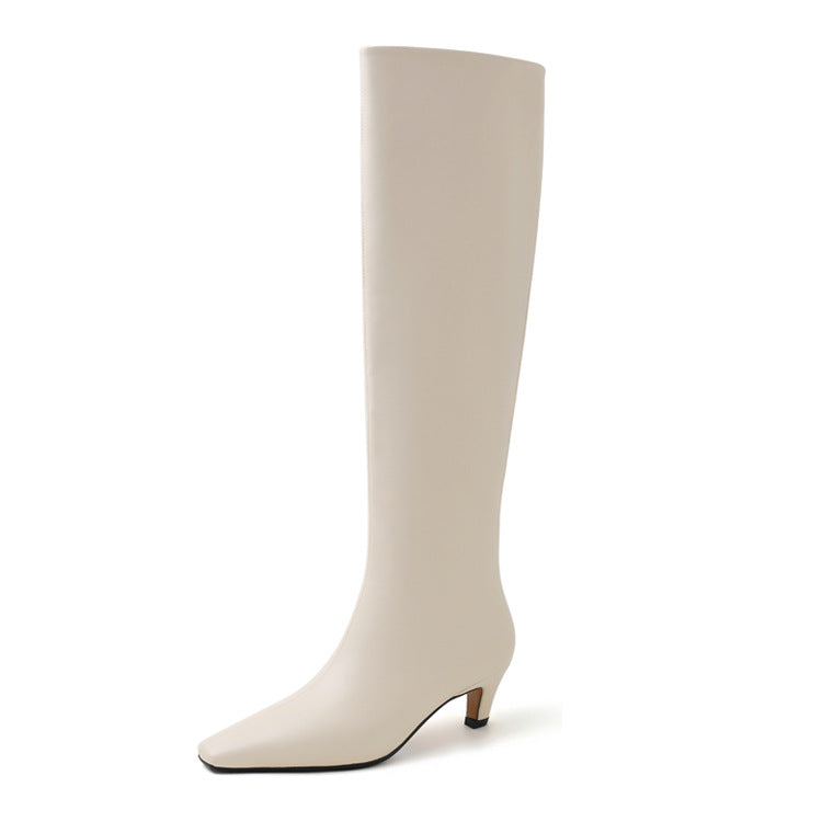 French Minimalist-Estilo Square-toe Kitten-heel Over-the-knee Straight-leg Leather Booties - foto 7