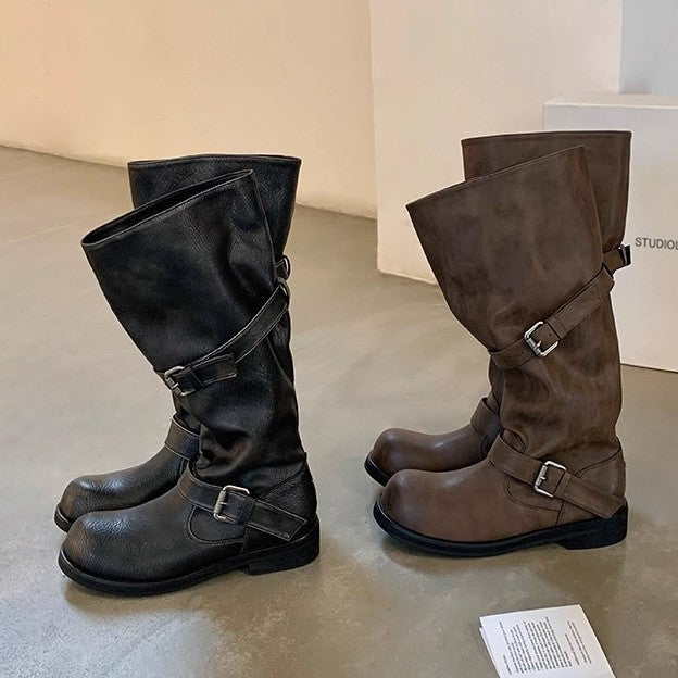 Wide-calf Round-toe Color-block Suela Gruesa-heeled Plataforma Bota - foto 3