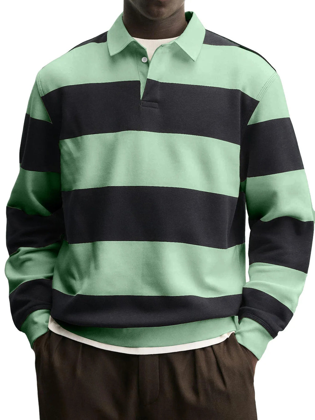 Spring y Otoño Nuevo Amazon Independent Store Hombre Largo Manga Rayado Camiseta Casual Versátil Suelto Fit Cuello Camisero Top - foto 3