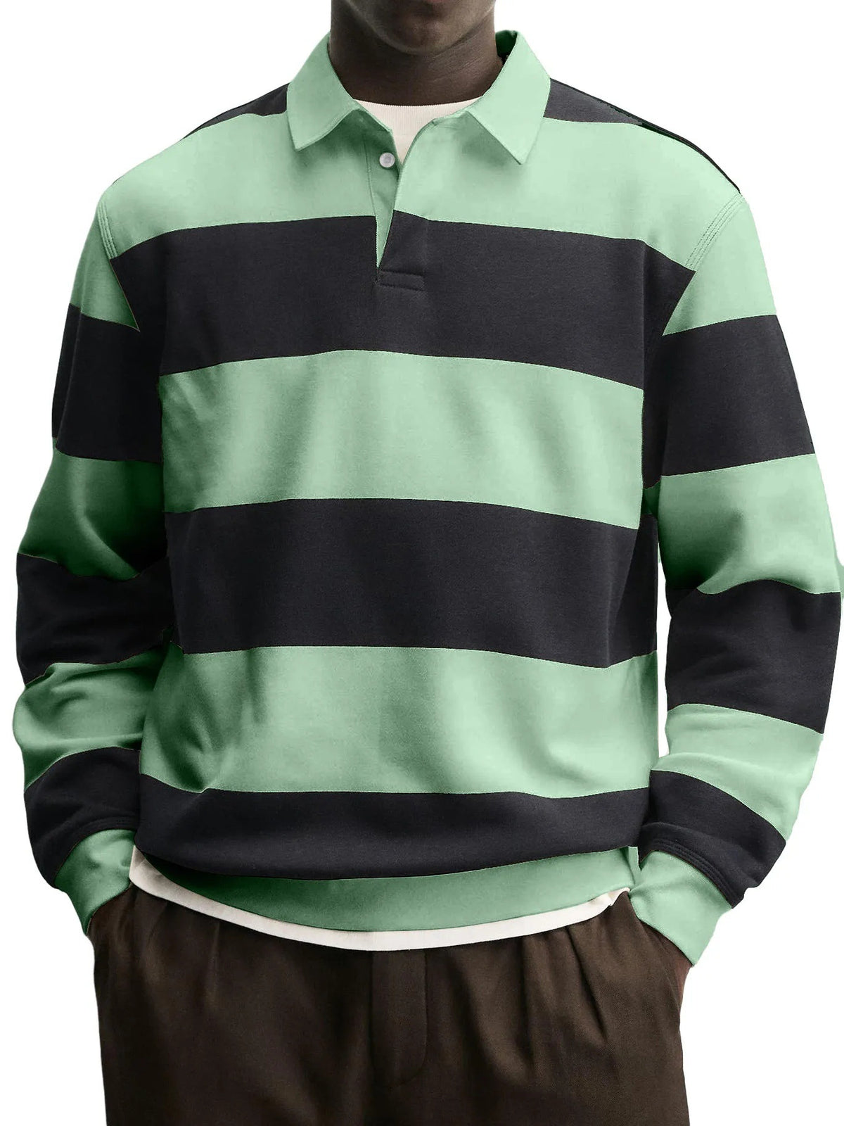 Spring y Otoño Nuevo Amazon Independent Store Hombre Largo Manga Rayado Camiseta Casual Versátil Suelto Fit Cuello Camisero Top - foto 3