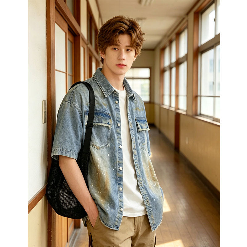 Oversized Denim Camisa Men Vintage Distressed Corto Manga Streetwear Jean Top Ready To Ship From US - foto 2