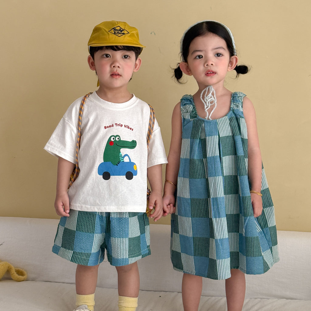 Niños Manga Corta Plaid Vestido Conjunto - foto 5