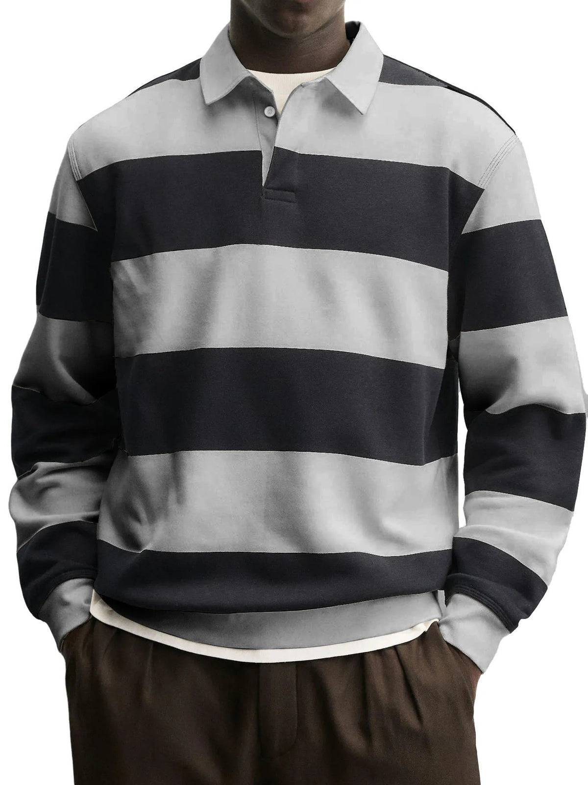 Spring y Otoño Nuevo Amazon Independent Store Hombre Largo Manga Rayado Camiseta Casual Versátil Suelto Fit Cuello Camisero Top - foto 2