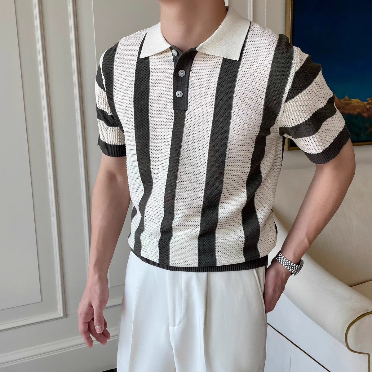 Polera polo tejida a rayas para hombre - foto 7