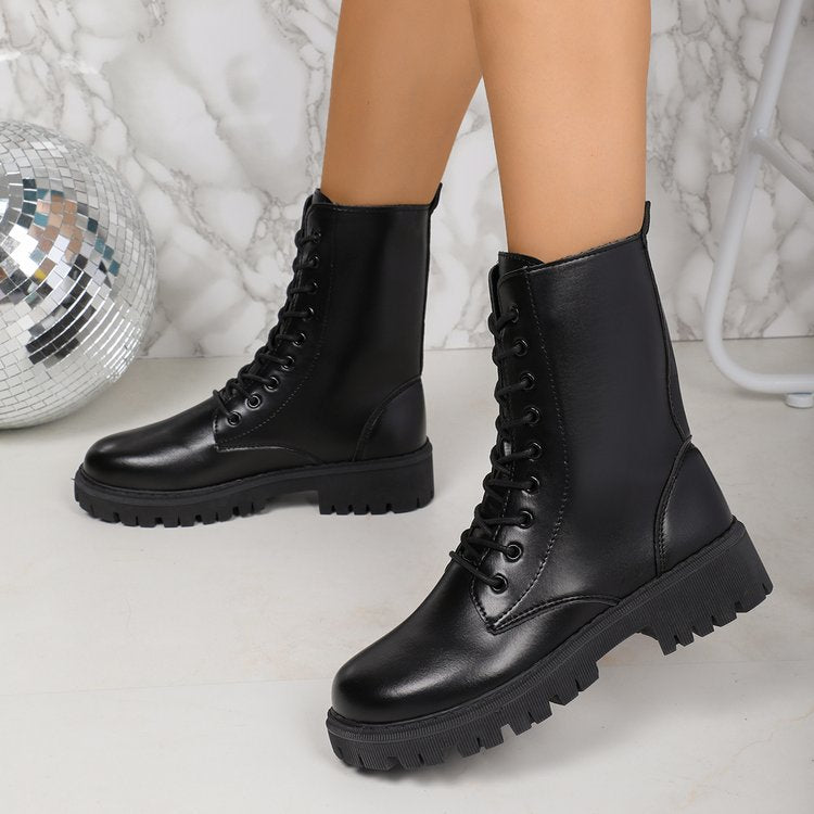 Square Toe Cuero PU Lace Up Shoes - Mujer Casual Flat Loafers para Daily Wear - foto 2