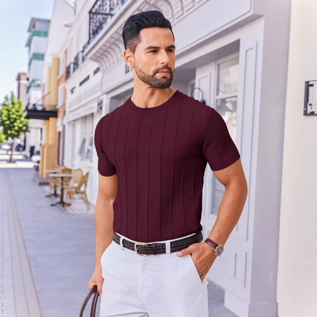 Hombre Verano Corto Manga Tejido Camiseta - Crew Neck Vertical Rayado Casual Top - foto 8