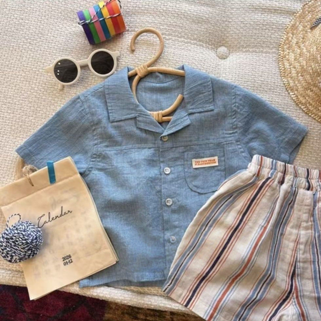 Niño Algodón-linen Manga Corta Camisa y Vertical-Rayado Shorts Conjunto de Dos Piezas - foto 6