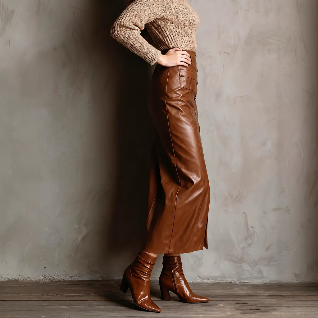 Botones al Frente Slit Cintura Alta Largo Sheath Falda