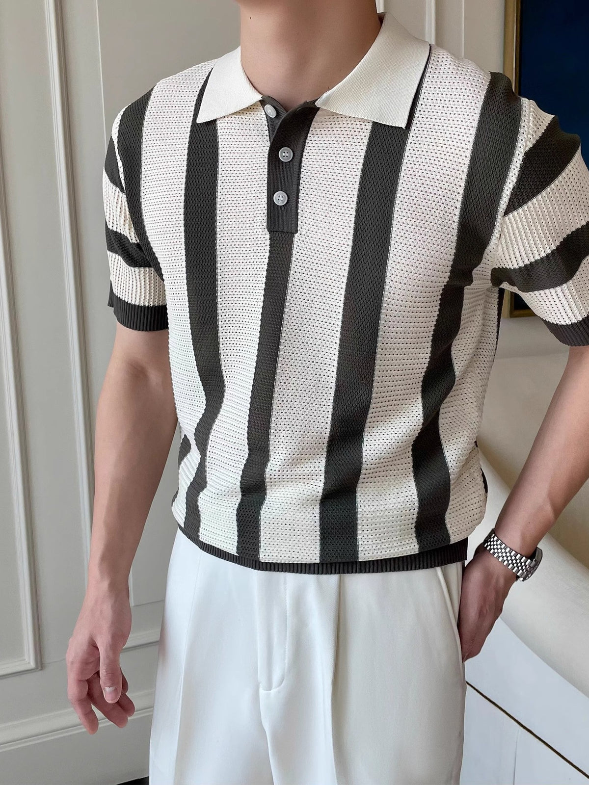 Polera polo tejida a rayas para hombre - foto 3