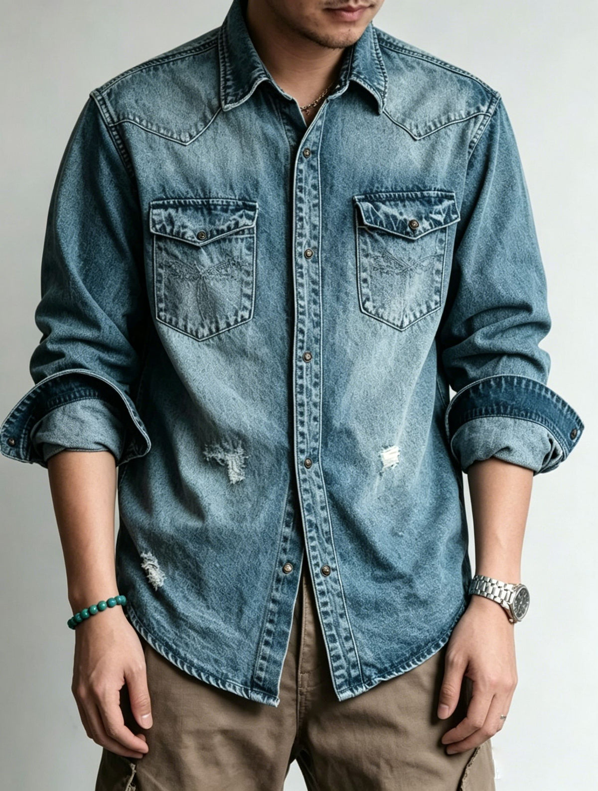 Camisa vaquera de mezclilla manga larga para hombre - foto 4