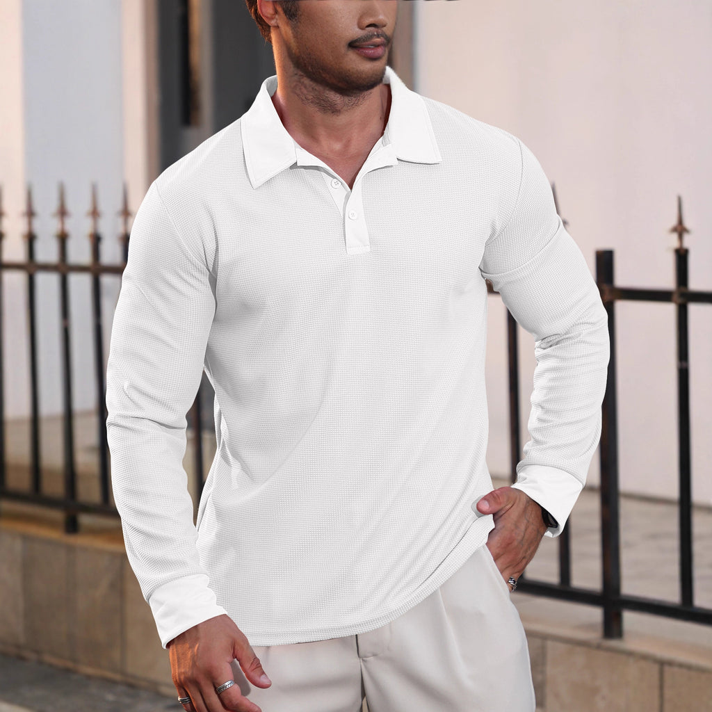 Nuevo Cross-Border Europeo y American Otoño Nuevo Hombre Waffle Collar Polo Camisa American Casual Vacation Manga Larga Camiseta - foto 2