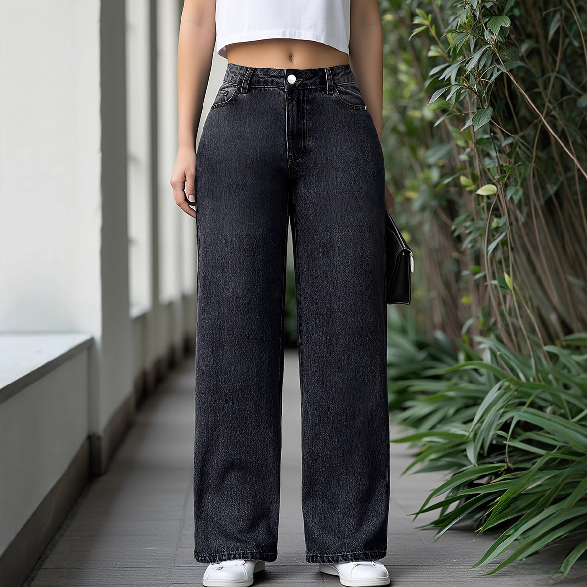 Pantalón de mezclilla retro multicolor elasticado pata ancha para mujer - foto 4