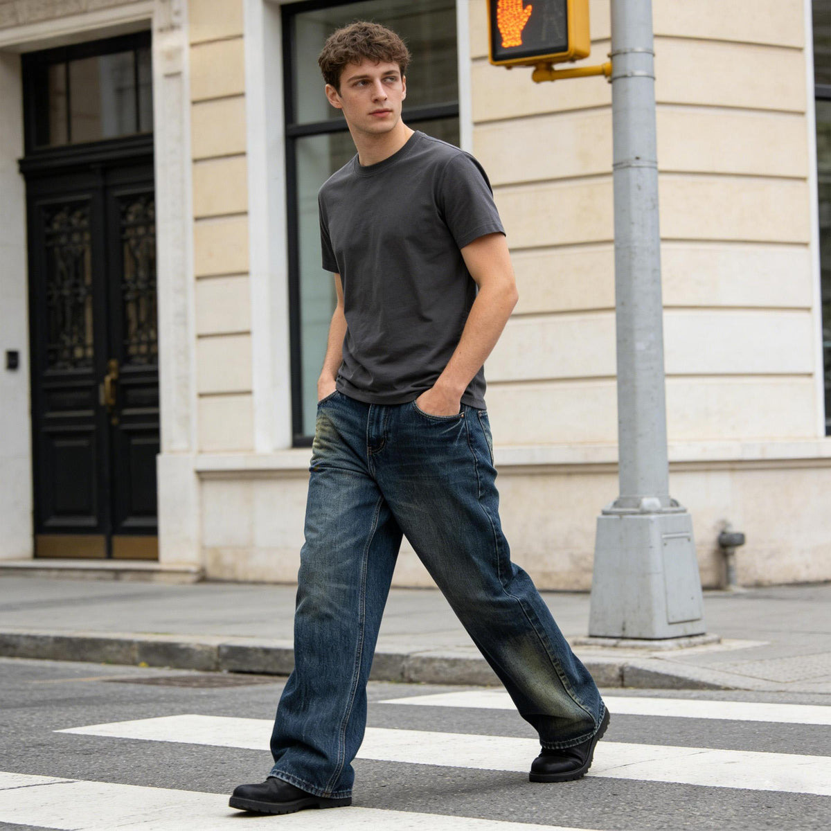 Hombre Retro Lavado Pierna Ancha Ajuste Suelto Denim Jeans - foto 3