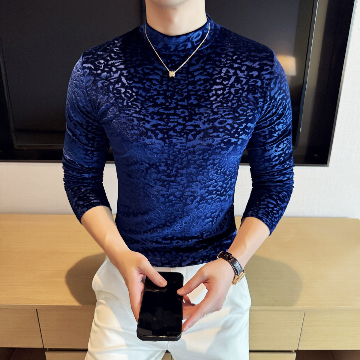 Velvet Leopard Print Jacquard Half-High Collar Manga Larga Camiseta - foto 7