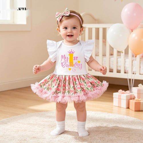 Birthday Conjunto Flutter-Manga Romper Crawling Traje PP Pantalón y Bow Headband Conjunto - foto 2