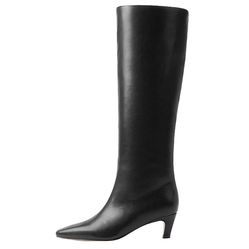 French Minimalist-Estilo Square-toe Kitten-heel Over-the-knee Straight-leg Leather Booties - foto 5