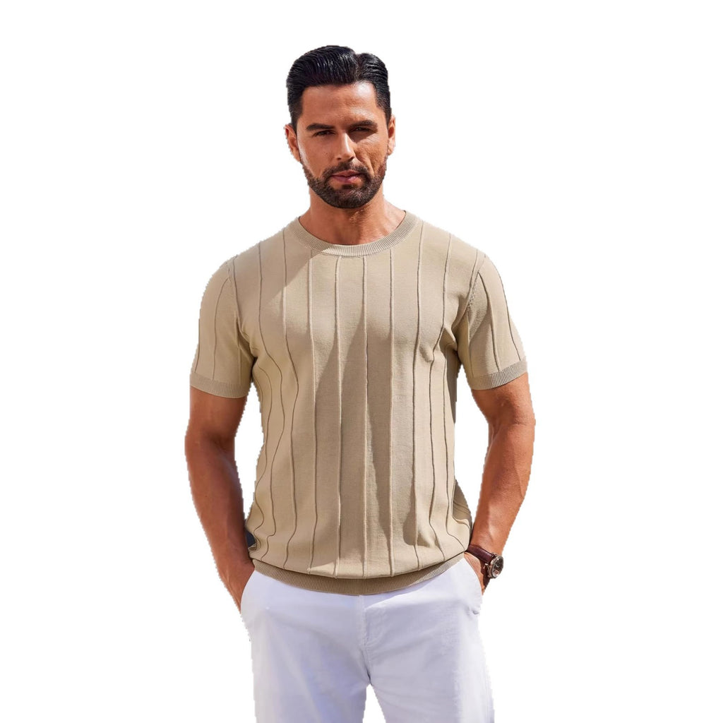 Hombre Verano Corto Manga Tejido Camiseta - Crew Neck Vertical Rayado Casual Top - foto 4