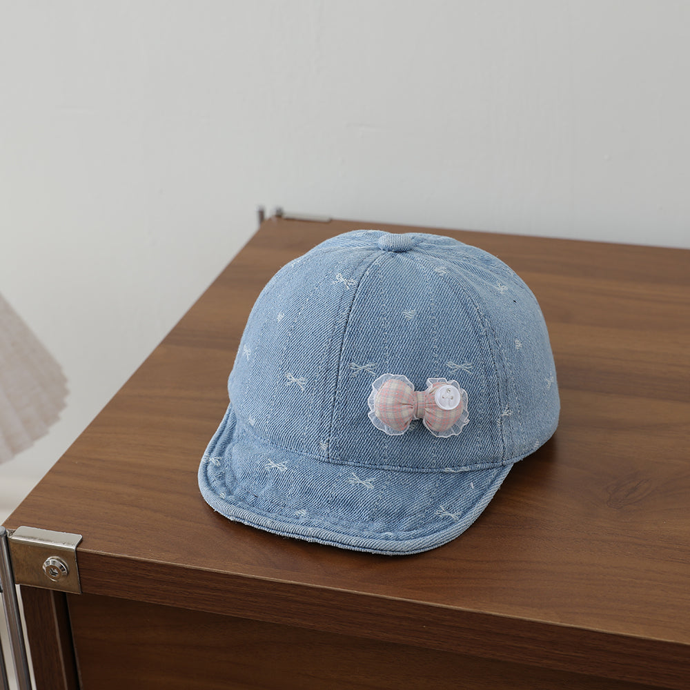 Rayado Lace Bow Niña Denim Baseball Cap, Baby-sized, Lavado, Jacquard, Frayed, Heart-shaped Soft Brim Hat - foto 2