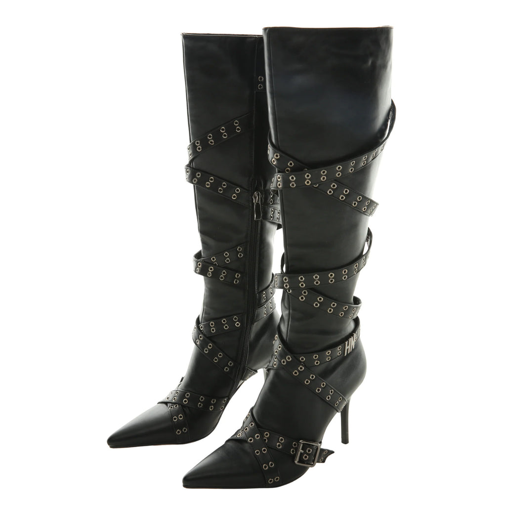 Tirantes-detail Pointed-toe Studded High-heeled Over-the-knee Botas para Mujer - foto 5