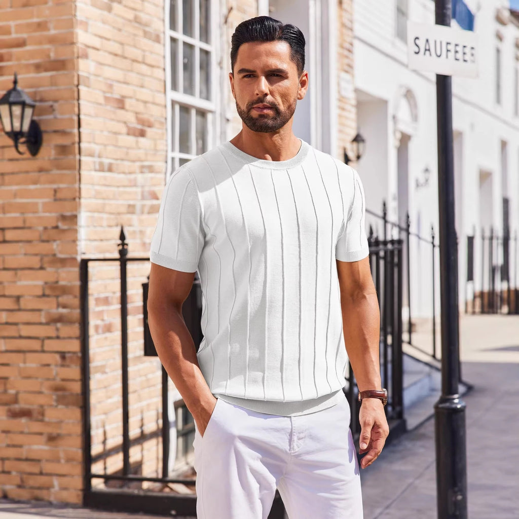 Hombre Verano Corto Manga Tejido Camiseta - Crew Neck Vertical Rayado Casual Top