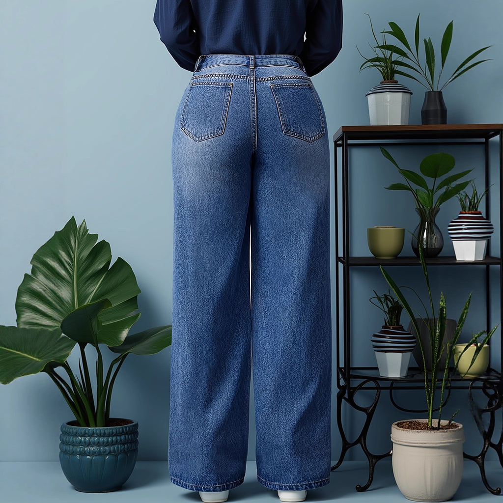 Pantalón de mezclilla retro multicolor elasticado pata ancha para mujer - foto 8
