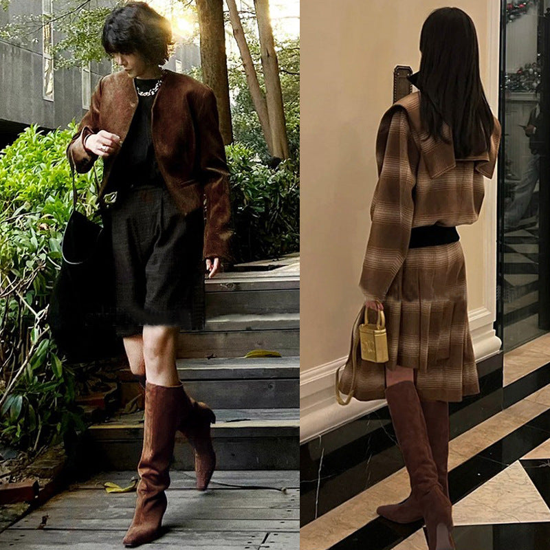 French Minimalist-Estilo Square-toe Kitten-heel Over-the-knee Straight-leg Leather Booties - foto 3